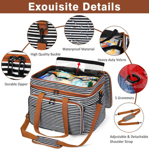 3 Piece Crochet Bag Set With Wrist Yarn Holder Large Waterproof Yarn Tote Knitting Organizer With Adjustable Strap featuring details like waterproof material, heavy-duty velcro, and durable zipper in black stripes.