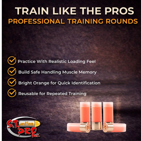 12 Gauge Snap Caps Five Pack Inert Training Rounds For Dry Fire Reloading And Malfunction Drills With Real Brass Casing And Bright Orange UV Insert Veteran Owned Made In USA Safe And Reusable, displayed with training tips