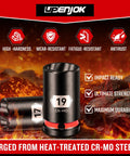 Close-up of Five Piece Lug Nut Remover Kit with 19mm socket, CR-MO steel, highlighting impact resistance and durability features.