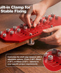 Two In One Shelf Pin And Hinge Drill Jig For One Quarter Inch And Five Millimeter Peg Slots, shown in use with a built-in clamp.
