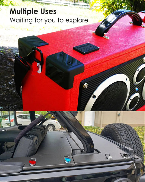 Kickass Aluminum Thumb Screws And Heavy Duty Hex Nuts Kit For Hassle Free Quick Swap Jeep Hardtop Fastener Hardware Replacement Assembly Set Bright Red Finish Fits Jk Jku Tj Yj shown in use with Jeep interior and audio system.