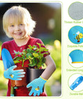 Child holding plant with 24 Piece Kid Friendly Garden Tool Set With Mini Colorful Metal Shovels And Gloves, blue shovel in the image.