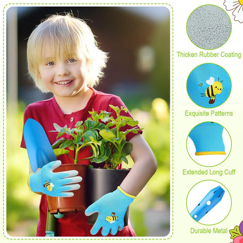 Child holding plant with 24 Piece Kid Friendly Garden Tool Set With Mini Colorful Metal Shovels And Gloves, blue shovel in the image.
