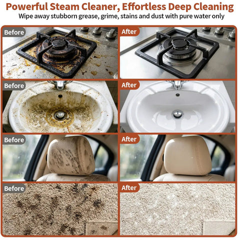 Before and after cleaning images showcasing Gabtruk Handheld Steam Cleaner With 15S Fast Heat Up And 1.8L Tank for deep cleaning.