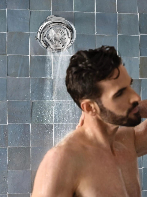 Quattro Rain Showerhead With Four Modes Relieve Soothe Clarify Cleanse For Spa Like Shower Experience While Saving Water Up To Fifty Percent Chrome Finish in use