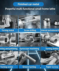 Pro Brushless Mini Metal Lathe 8.7x29.5 Inch High Precision Variable Speed Turner Borer Threaddie Drill Machine with Three Jaw Chuck for Hobbyist Projects and Fine Metalwork Crafting, images of metal turning and machining processes.