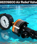 Air relief valve, front view, black with pressure gauge and orange warning label for Pentair pool filter.