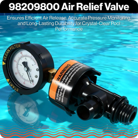 Air relief valve, front view, black with pressure gauge and orange warning label for Pentair pool filter.
