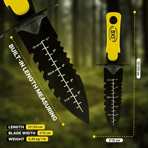 Carbon Steel Metal Detecting Shovel Set With Spade And Hand Digging Tool Pouch Bag shown with measuring markings in forest