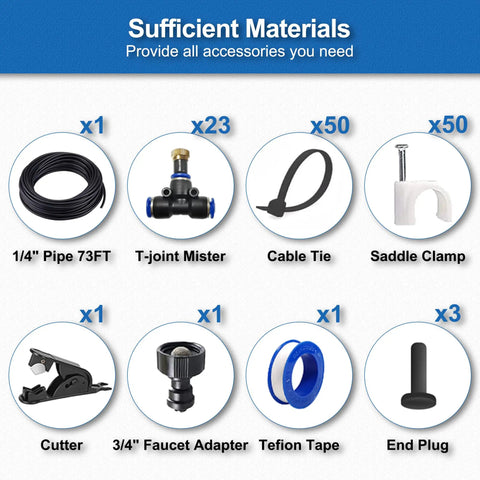 Outdoor Patio Misting System For Cooling Your Yard 75 Ft 23 M Kit components including pipe, misters, clamps, and adapters.
