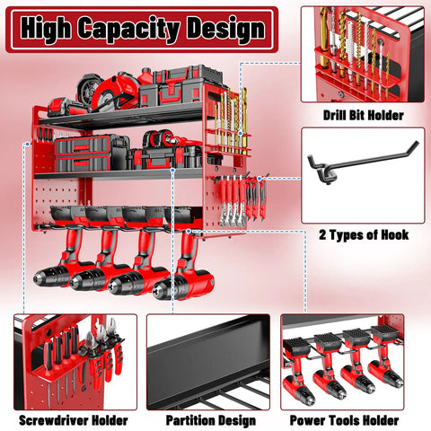 Image of Modular Power Tool Organizer Wall Mount For Garage, Heavy Duty Metal Cordless Tool Storage Rack with 3 Tier Shelf, Built In Power Strip, Hooks, and Side Pegboard for Screwdrivers.