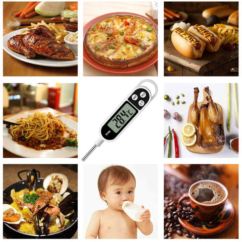 Digital Meat Thermometer For Cookin And BBQ With Long Probe, Instant Read, featured among various cooked dishes and drinks.