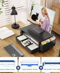Ergonomic Monitor Riser With Drawer And Two Pen Holders, Printer And Laptop Stand, Desk Organizer For Home Office in black, showcasing a spacious drawer and pen slots with a monitor.