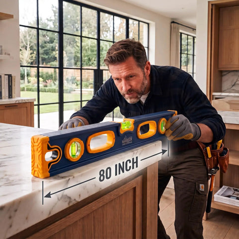 Markson 80-Inch Professional Aluminum Spirit Level being used on a countertop for accurate leveling with UV-resistant vials.