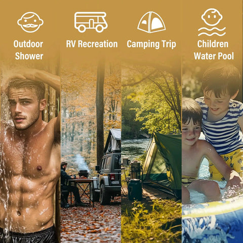 Rugged Tankless Propane Water Heater Delivering Snappy Instant Hot Water On Demand At 2.11 Gpm With Featherweight Portable Frame for outdoor shower and camping use.