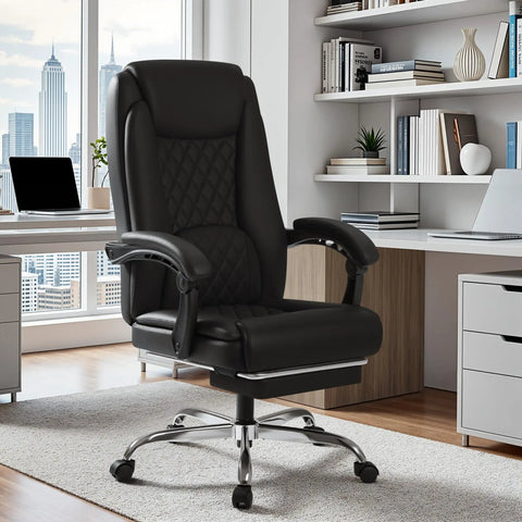 Executive Home Office Chair With Lumbar Support And 400 Lb Capacity Adjustable Ergonomic High Back Managerial Desk Chair with black leather in a modern office.