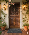 Heavy Duty Non Slip Outdoor Doormat For Front Door And Entryway Waterproof Sturdy Retro Mat For Garage And Patio Easy Clean 29.5 By 17 Inches Grey Durable Dirt Trap For All Weather Use in front of wooden door with floral design