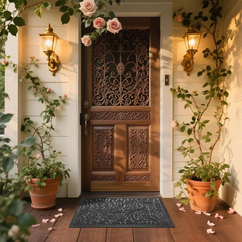 Heavy Duty Non Slip Outdoor Doormat For Front Door And Entryway Waterproof Sturdy Retro Mat For Garage And Patio Easy Clean 29.5 By 17 Inches Grey Durable Dirt Trap For All Weather Use in front of wooden door with floral design