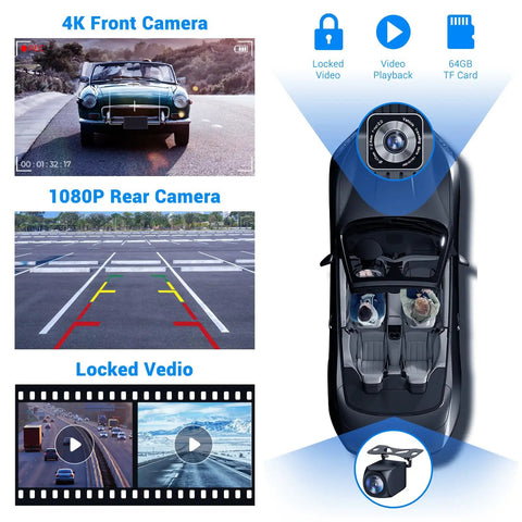 Wireless Apple CarPlay Car Stereo 9 Inch Dash Screen With Android Auto Dope 4K Dash Cam shown with 1080p rear camera