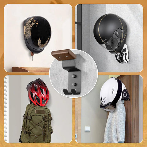 Heavy Duty Solid Steel And Premium Natural Wood Motorcycle Helmet Wall Mount Rack With Rust Resistant Matte Black Finish Built Tough For Motorcyclists Rock Solid Garage Gear Stash Two Pack displaying helmets and rack in various uses.