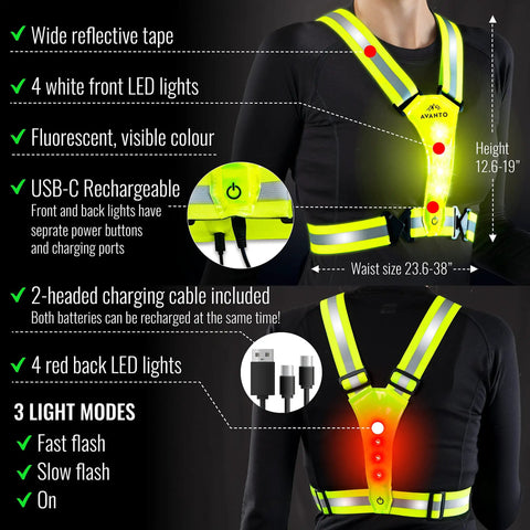 LED Reflective Safety Vest With USB C Rechargeable Lights For Night Runners And Dog Walkers, five front and back LEDs displayed