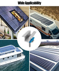 20 Pack Solar Panel Clamps For Unistrut Rails And Wide PV Mounts, shown securing panels on home, RV, boat, and roof