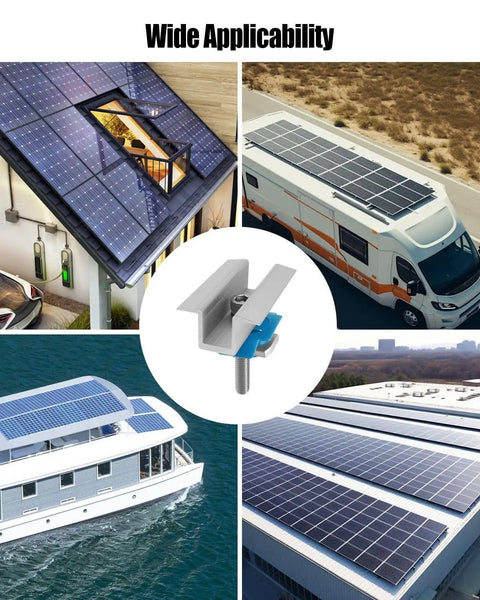 20 Pack Solar Panel Clamps For Unistrut Rails And Wide PV Mounts, shown securing panels on home, RV, boat, and roof