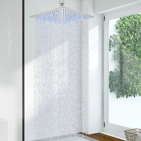 High Pressure Universal Rain Shower Head With LED Chrome Square Design 16 Inch Rainfall Waterfall Showerhead in use