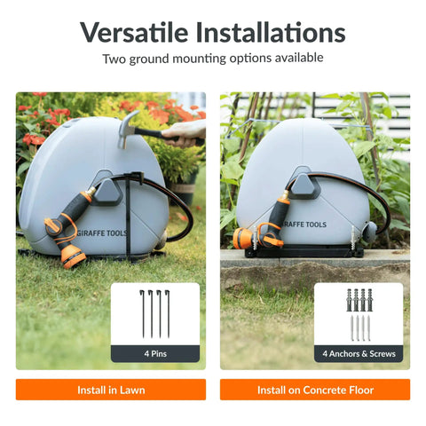 No Fuss Easy Install Retractable Heavy Duty Garden Hose Reel One Half Inch By Eighty Two Foot Auto Rewind With 360 Degree Swivel Base Ground Mounted For Lawn Patio Concrete Floor And Yard Watering shown with installation options