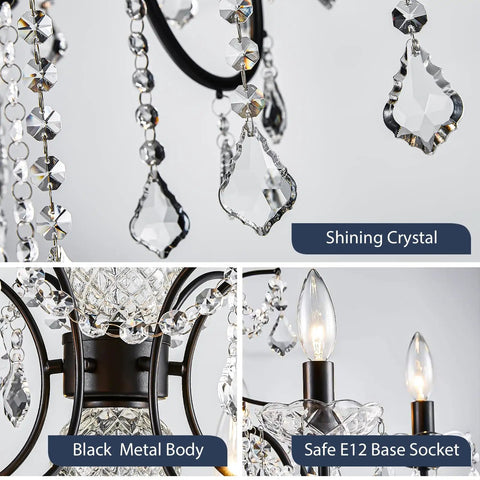 Close-up of black finish crystal candle candelabra chandelier with six light LED pendant fixture and shining crystals