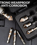 Durable M2 Cobalt HSS Countersink Drill Bit Set, 6 Pieces, One Quarter Inch Quick Change Hex Shank in case showcasing bits