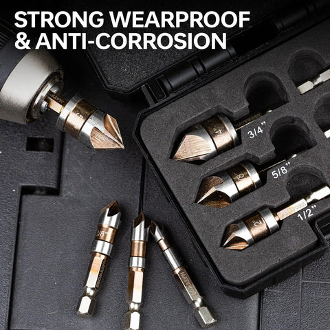 Durable M2 Cobalt HSS Countersink Drill Bit Set, 6 Pieces, One Quarter Inch Quick Change Hex Shank in case showcasing bits