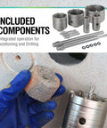 Front view of BINOTA 9-piece concrete hole saw kit with SDS shank core bits; blue-gloved hand holding concrete block beside the drill