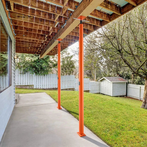 VEVOR 2 Pack Telescoping Jack Posts Heavy Duty Steel Support Beams supporting a patio, adjustable 54 to 150 inch height.