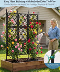 Heavy Duty 5.25ft Metal Garden Trellis For Climbing Plants Indoors Or Outdoors With Black Iron Tube Frame Wall Or Freestanding Support Includes Twist Ties For Ivy Vines Veg And Flowers supporting roses in garden with woman watering.