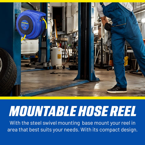 Air Hose Reel Retractable One Quarter Inch By Fifty Foot Premium Commercial Hybrid Flex Polymer Hose mounted in garage