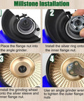 Step-by-step installation of 14 Piece Wood Carving Discs Set for 4 Inch and 4.5 Inch Angle Grinders with rotary burrs