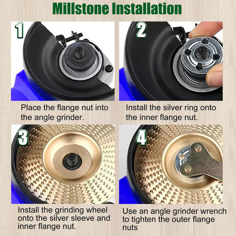 Step-by-step installation of 14 Piece Wood Carving Discs Set for 4 Inch and 4.5 Inch Angle Grinders with rotary burrs