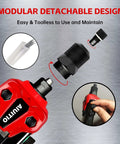 Beefy One Quarter Inch Rivet Gun Kit With 230 Rivets And Five Drill Bits, showing detachable nosepieces and storage container.