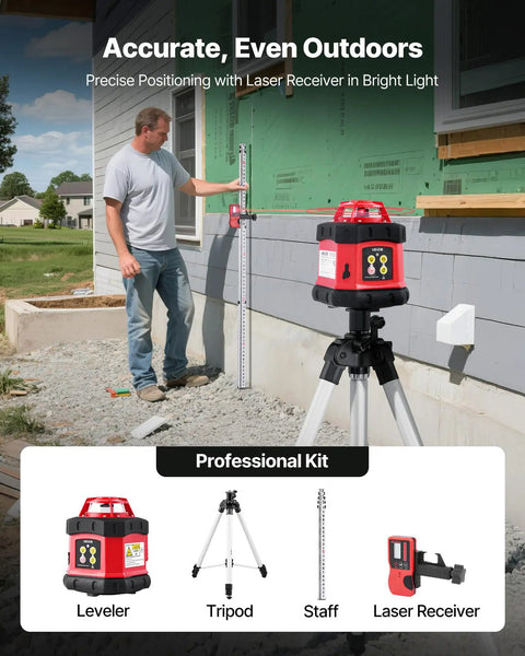 Rotary Laser Level Kit With 984 Ft Range, 360 Degree Self Leveling Red Horizontal Laser Transit For Construction Sites, Tripod, Receiver, Remote, Scale, Case, IP54 Waterproof, 0.12 In Per 100 Ft Precision, Must Have Pro Grade Setup, shown on tripod with receiver