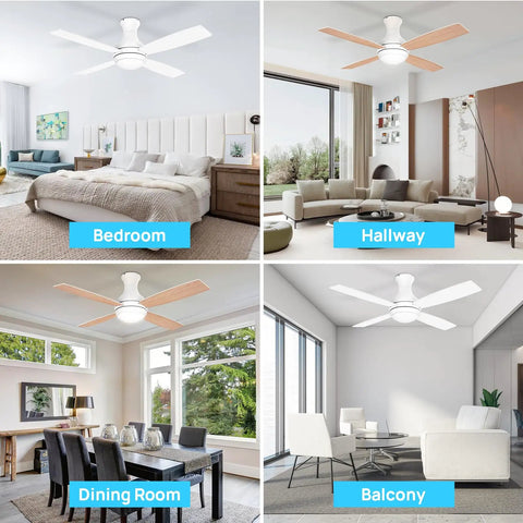 Low Profile 52 Inch Ceiling Fan With LED Lights No Sweat Remote Control Quiet Reversible DC Motor in various home interiors
