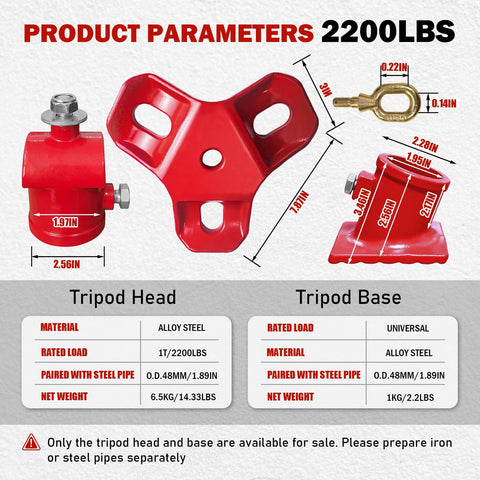 Product parameters for Beefy 2200 Lbs Capacity Tripod Head and Base Set With 360 Degree Rotation Ring details and dimensions