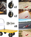 Pair Of Heavy Duty Silent Rubber Caster Wheels Featuring Genuine Pneumatic Tires Rock Solid Steel Plates And Dual Ball Bearings For Smooth Industrial Rolling That Handles Load After Load With Zero Hassle on a yellow cart.