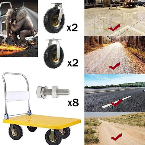 Pair Of Heavy Duty Silent Rubber Caster Wheels Featuring Genuine Pneumatic Tires Rock Solid Steel Plates And Dual Ball Bearings For Smooth Industrial Rolling That Handles Load After Load With Zero Hassle on a yellow cart.