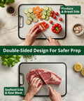 Massive Double Sided Cutting Board With Deep Juice Groove Hella Tough Titanium And Food Grade Plastic Prep Side For Steaks Cheese Produce Kitchen Chopping Tray, showing vegetable and meat prep.