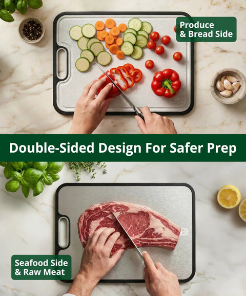 Massive Double Sided Cutting Board With Deep Juice Groove Hella Tough Titanium And Food Grade Plastic Prep Side For Steaks Cheese Produce Kitchen Chopping Tray, showing vegetable and meat prep.
