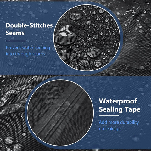 Close-up of All Weather 4 Piece Outdoor Furniture Cover Set's double-stitched seams and waterproof sealing tape with raindrops.
