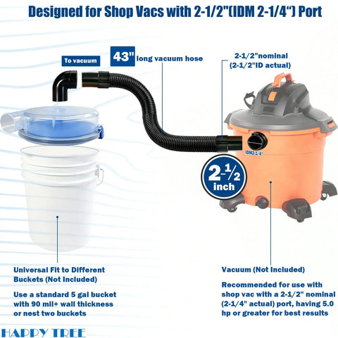 Low-Profile Cyclone Dust Separator With 2-1/2 Inch Hose High-Flow Dust Collector for shops and garages, attached to shop vac