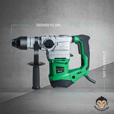 SDS Plus Rotary Hammer Drill Kit With 11 Pc Accessories, 12 Amp 1500W 120V 60Hz Concrete Drill, shown with green handle.