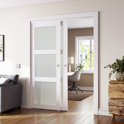 Double Frosted Glass Sliding Barn Door Kit For Closets, 72 By 80 Inches, Includes Hardware, Pre-Drilled Panels, installed in home